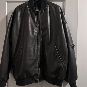 Zara Womens Dark Brown Faux Leather Bomber Jacket